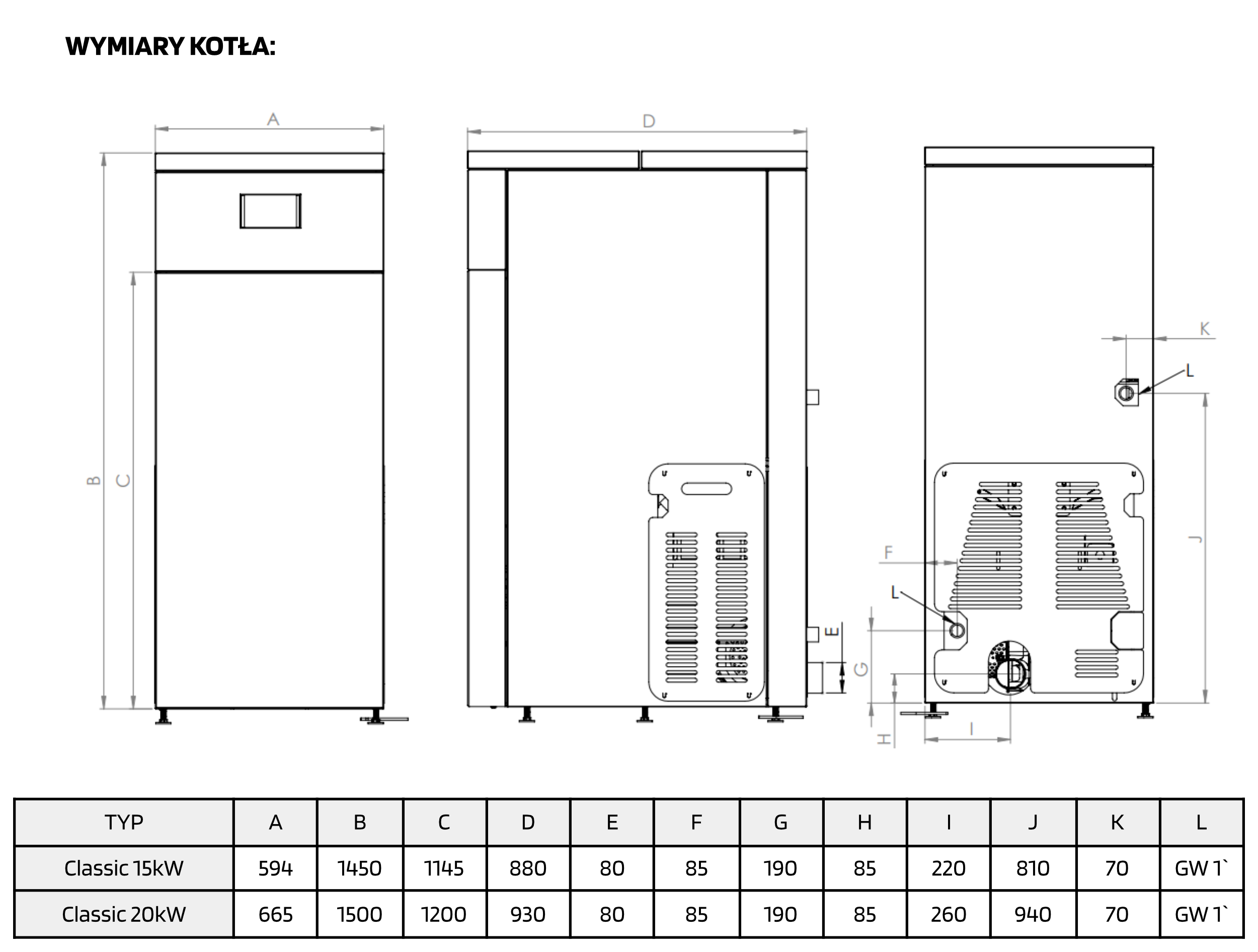 Wymiary kotła OTOMATIC CLASSIC 20 kW